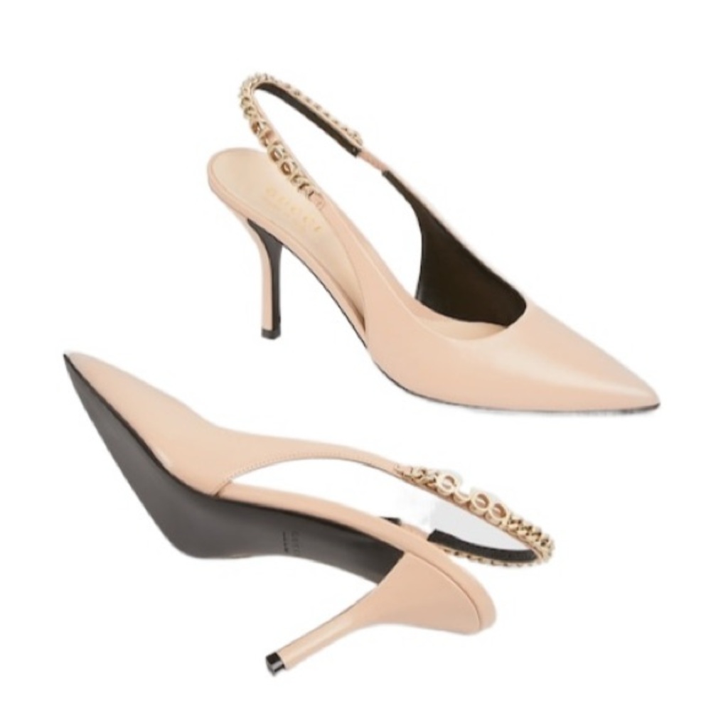 Gucci Women's Nude Pointed-Toe Slingback Pumps with Chain Detail - Picture 6 of 6